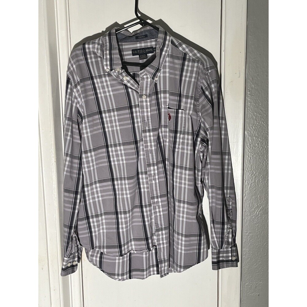 U.S. Polo Assn. Long Sleeve *Stretch* Button Front Shirt Plaid Gray/Navy Size XL
